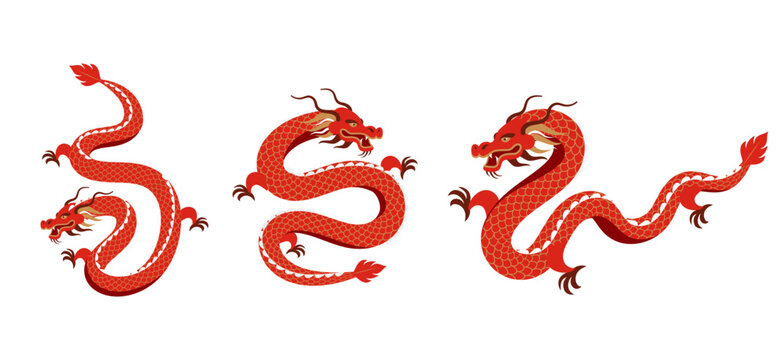 Red Dragon illustrations collection. Chinese new year 2024 year of the dragon - red traditional Chinese designs with dragons. Lunar new year concept, modern design