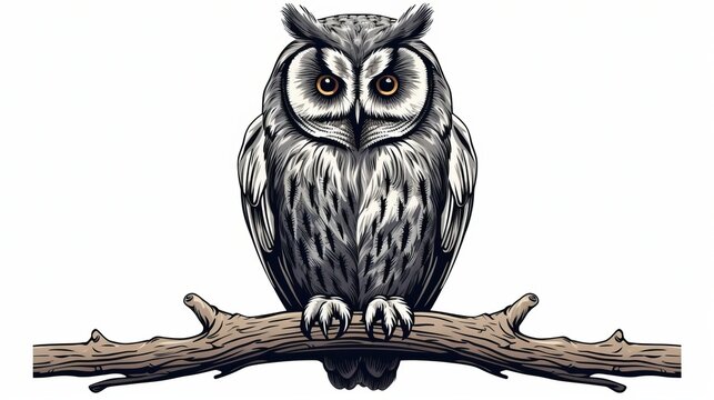 grey owl isolated on white background, linocut style, copy space, 16:9