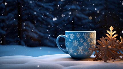 Obraz na płótnie Canvas coffee cup next to a set of snowflake, concept: christmas fair, copy space, 16:9