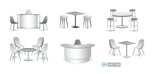 set of realistic trade exhibition chair and table or white blank exhibition kiosk or stand booth corporate commercial. 3D Render