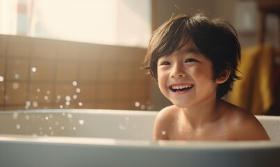 A joyful boy enjoys a playful bath, radiating happiness in a soft-focus portrait. Generative AI.