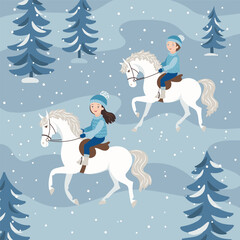 Girl riding a pony in a winter forest, vector illustration