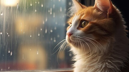 sad cute orange and white calico cat, back lighting in background window rainy day  