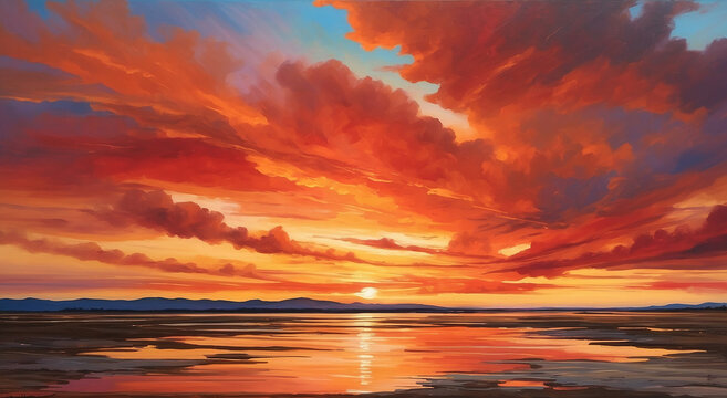 A vibrant sunset sky, painted with hues of fiery reds and oranges, cast a warm glow over the horizon - AI Generative