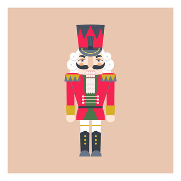 Wooden nutcracker in red uniform, white hair and red and black hat. Cute vector Christmas holiday greeting card in flat style.