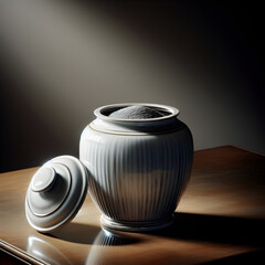 Open white cremation urn filled with ashes - obrazy, fototapety, plakaty