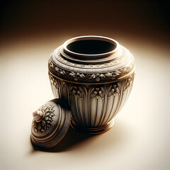 Open cremation urn on an empty surface - obrazy, fototapety, plakaty