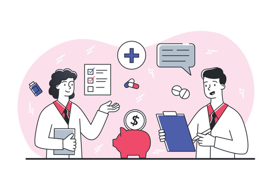 doctors discussing healthcare costs, pink background clip art preview