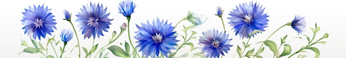 Painted cornflowers are blue with green leaves on a white background