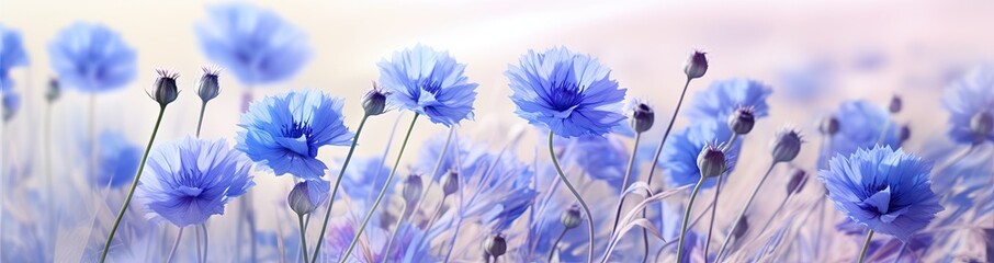 A bouquet of cornflowers lies on a white surface. Banner