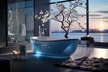 Plakat Bathroom design planning, luxury style flawless , relaxing place with a view of the sea scenery, magnificent original design. Toilet room for hygiene, space for spa.