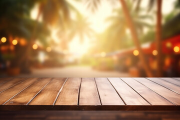Wooden table top on blurred background with bokeh tropical cafe, coffee shop, bar or restaurant with palm tree - obrazy, fototapety, plakaty