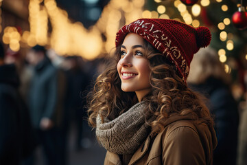 mujer joven con ropa de invierno y gorro de lana sonriente observando una calle iluminada con decoración navideña y fondo desenfocado