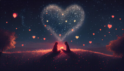 Sternenhimmel voller Herzen Liebespaar auf einem Hügel Fernbeziehung Valentinstag, Karte Vorlage Kartenmotiv Idee Liebe schenken Generative AI  - obrazy, fototapety, plakaty