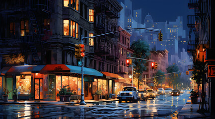 Fototapeta premium City Night Life Painting - Generative Ai