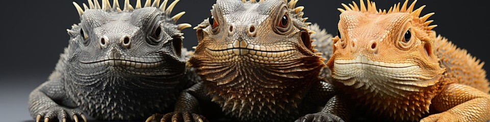 Three Colorful Bearded Dragons Standing in a Row