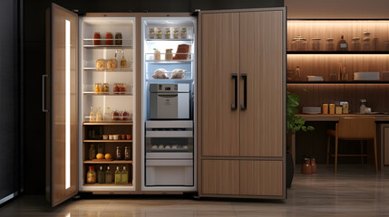 interior of modern kitchen with open fridge - Generative Ai