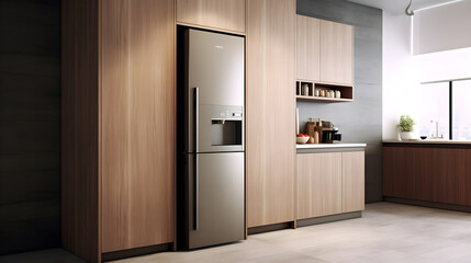 Sleek Modern Kitchen With Modern Steel Refrigerator - Generative Ai