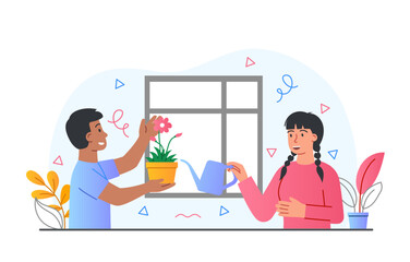 Care of plants. Mother and son watering flowers. Love for nature, little helper. Household chores and routine. Character indoor, gardener, family gardening hobby. Cartoon flat vector illustration