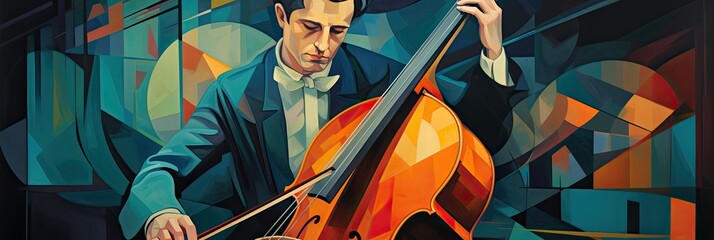 painting of a man is playing cello, in the style of dreamlike illustration, dynamic cubism, generative AI - obrazy, fototapety, plakaty