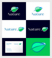 Nature logo. Leaf with a drop of dew. Symbol of natural life and freshness. Identity. Business card.