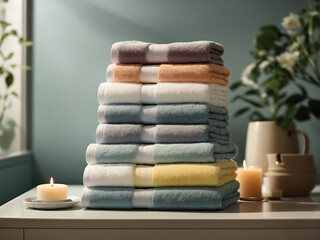 Fototapeta na wymiar A stack of soft bath towels in different colors