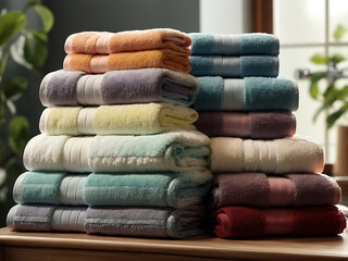 Obraz na płótnie Canvas A stack of soft bath towels in different colors