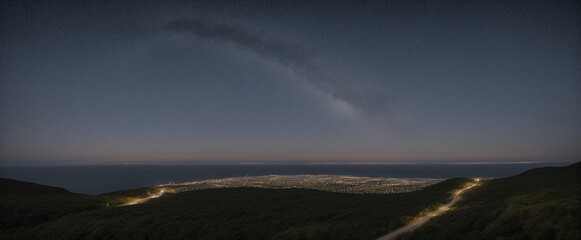 Lights of the big city below at night in the starry sky, milky way and constellations, view of the city from above, beautiful horizon