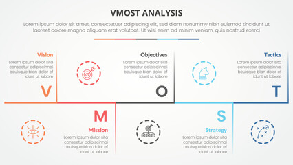 vmost analysis template infographic concept for slide presentation with horizontal timeline up and down with vertical separator with 5 point list with flat style