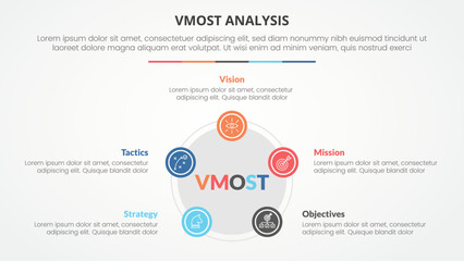 vmost analysis template infographic concept for slide presentation with pentagon or pentagonal shape with circle on edge with 5 point list with flat style