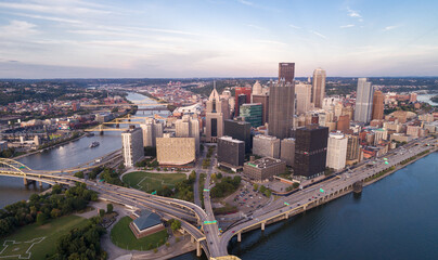 Aerial view of Pittsburgh, Pennsylvania. Business district and river in background. Beautiful...