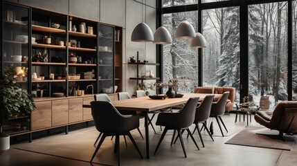 Modern Scandinavian style dining room, cozy home decor