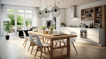 Modern Scandinavian style dining room, cozy home decor