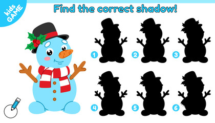 Educational kids game. Find the correct shadow. Cartoon Christmas snowman in hat and scarf. Puzzle for preschool and school education. New Year activity book for children. Holiday vector illustration.