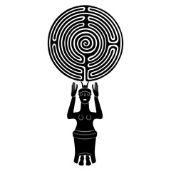 Ancient Cretan Minoan goddess holding a round spiral maze or labyrinth symbol. Ariadne. Greek mythology. Creative concept. Feminist female power. Great Mother archetype. Black and white silhouette. - obrazy, fototapety, plakaty