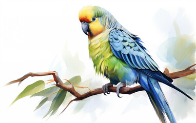 Blue, green and yellow parakeet, budgie perched on branch. watercolor Budgerigar bird illustration