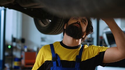Trained serviceman underneath vehicle on overhead lift in garage, checking parts. Professional using work light to make sure automotive underbody is in proper condition, doing close inspection