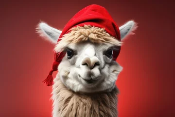 Selbstklebende Fototapeten Cute llama wearing Christmas hat Posing red background funny looking santa new year clipart © Wiktoria
