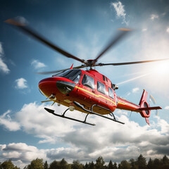 a red helicopter flying in a blue sky
