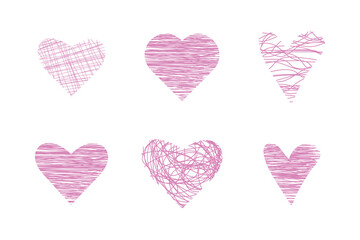 set of six pink hearts of different shapes, painted inside with different textures isolated on white background. For decoration, invitations, cards, prints. vector.