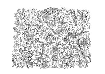 Fantasy flowers in retro, vintage, jacobean embroidery style. Clip art, set of elements for design Vector illustration.