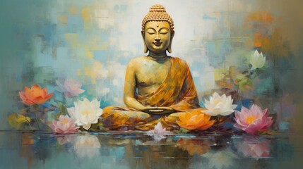 peaceful buddha painting, copy space, 16:9 - obrazy, fototapety, plakaty