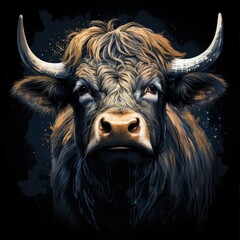 Majestic Scottish Highland Cow Illustration on Black Background