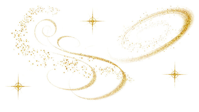 A digital illustration with gold glitter magic swirls and stars on a transparent background.
