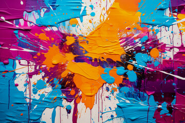 Explosion of vibrant paint splatters in a dynamic array of blues, purples, and oranges on a white...