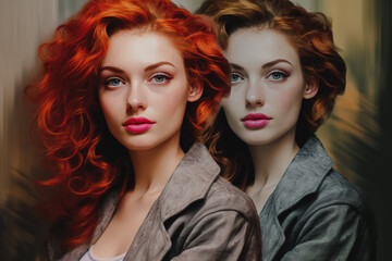 Naklejka premium Mirror image of a woman with vivid red hair and striking makeup, exuding confidence and symmetry.