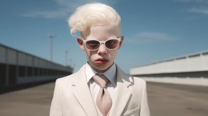 Close-up portrait of young Caucasian boy with albinism syndrome. Abnormal deviations.  - obrazy, fototapety, plakaty