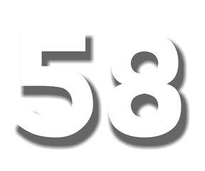 3D number 58 fifty eight white color sign symbol numbers for design elements isolated on transparent background
