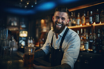 attractive bartender serving drinks in a pub, sports bar, restaurant, taking care of its customers; happy, smiling, good-looking alcohol server, waiter, waitress - obrazy, fototapety, plakaty