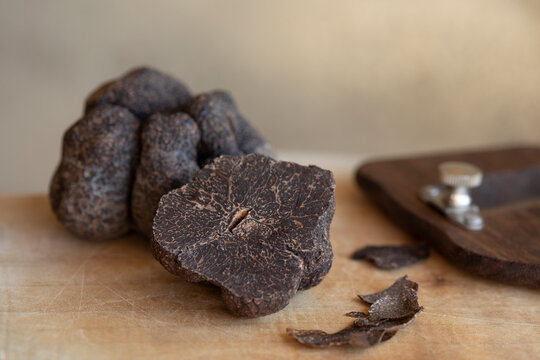 Closeup of truffles on wooden board